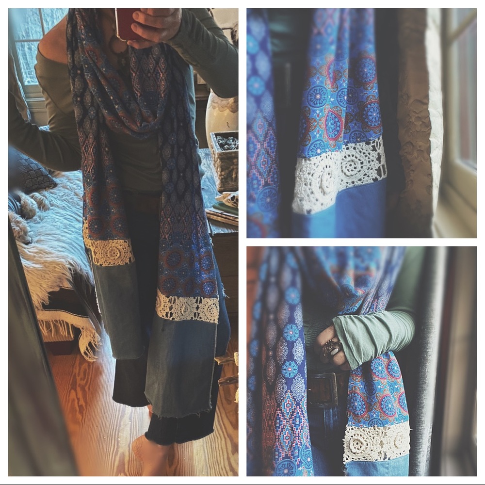 OOAK Artisan Denim Flair Raw Hem Wrap - 134” Long Aztec Medallion Scarf - Picture 12 of 16